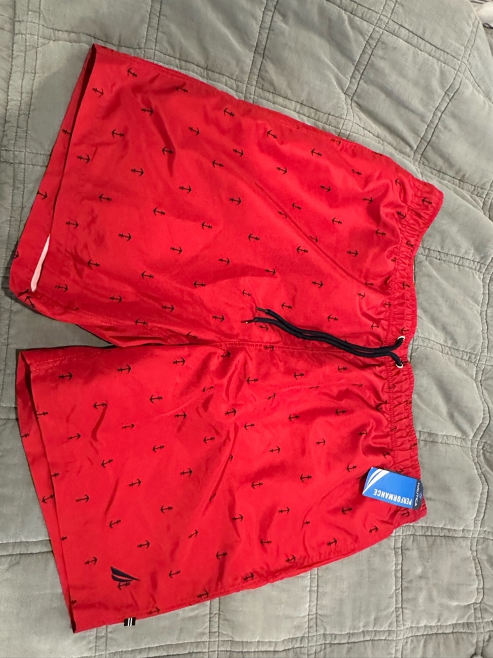 Nautica Red Swim Shorts with Black Anchor Print